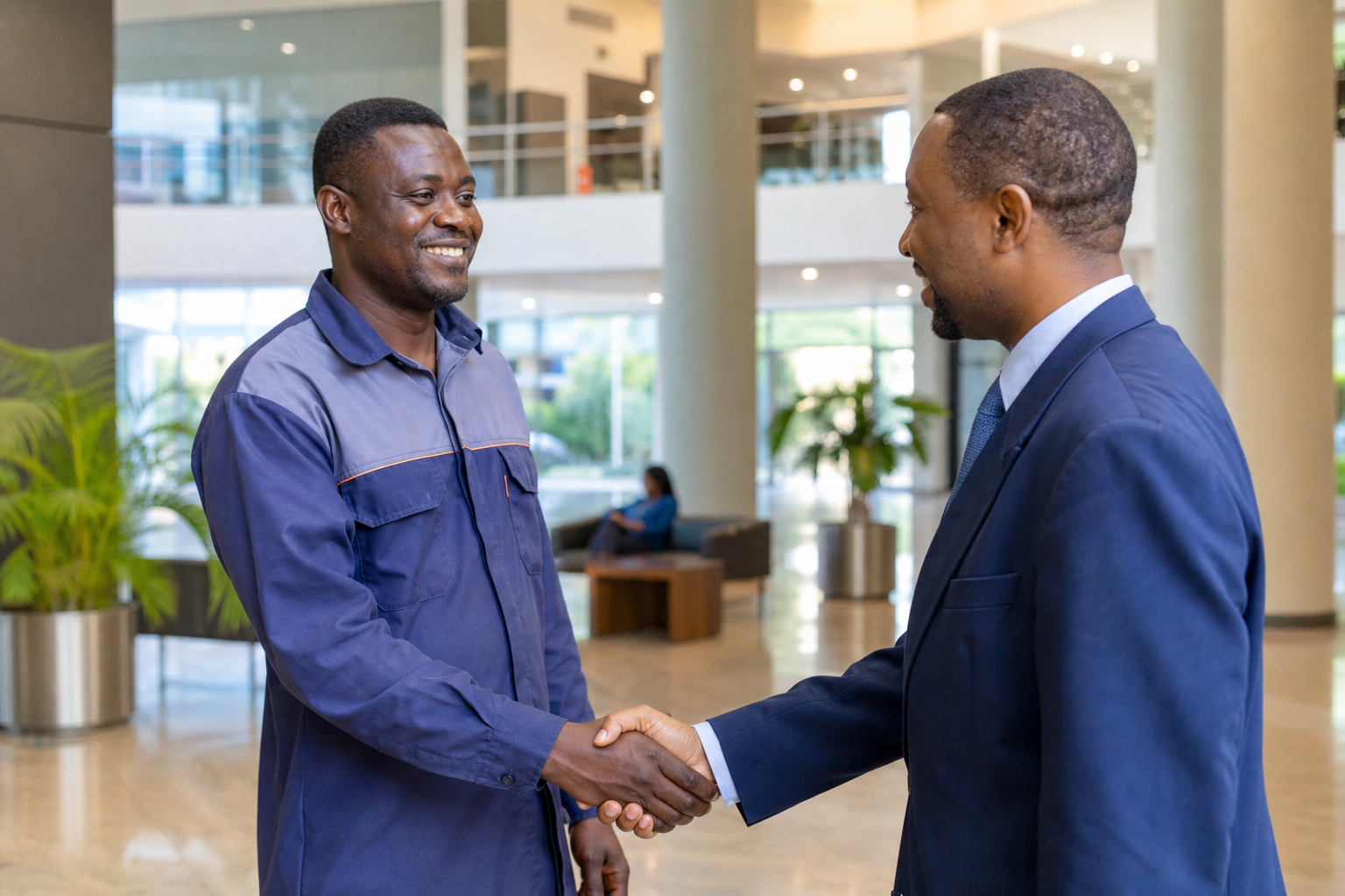 Budline facility manager meeting a client in a modern office building in Ghana
