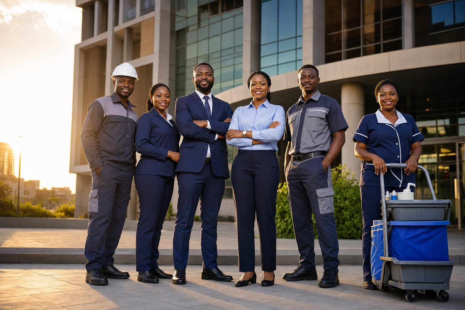 Budline facility management team in front of a modern commercial building in Accra, Ghana